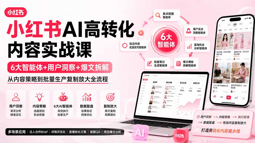 小红书AI高转化内容实战课：6大智能体+用户洞察+爆文拆解，从内容策略到批量生产复制放大全流程-朽念云创