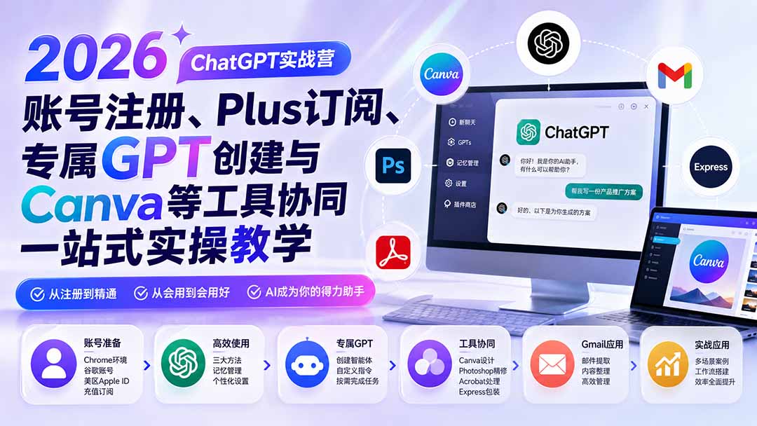 2026 ChatGPT实战营；账号注册、Plus订阅、专属GPT创建与Canva等工具协同一站式实操教学-朽念云创