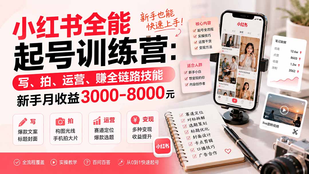 小红书全能起号训练营-更新：写、拍、运营、赚全链路技能，新手月收益3000-8000元-朽念云创