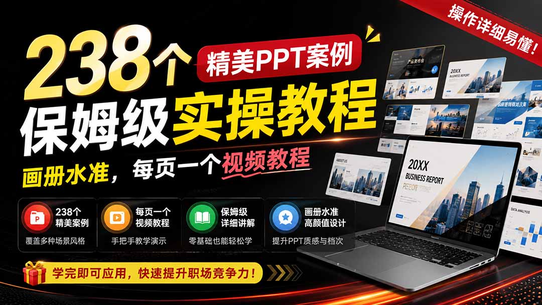 238个精美ppt案例保姆级实操教程：画册水准，每页一个视频教程，操作详细易懂！-朽念云创