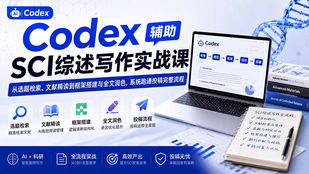 Codex辅助SCI综述写作实战课——从选题检索、文献精读到框架搭建与全文润色，系统跑通投稿完整流程-朽念云创