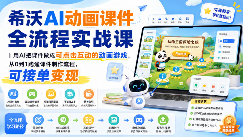 希沃AI动画课件全流程实战课｜用AI把课件做成可点击互动的动画游戏，从0到1跑通课件制作流程，可接单变现-朽念云创