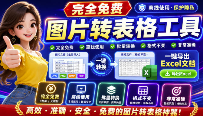 图片表格识别提取工具，支持一键从图片中智能提取表格并导出Excel文件，可离线免网运行，FastTableOCR-朽念云创