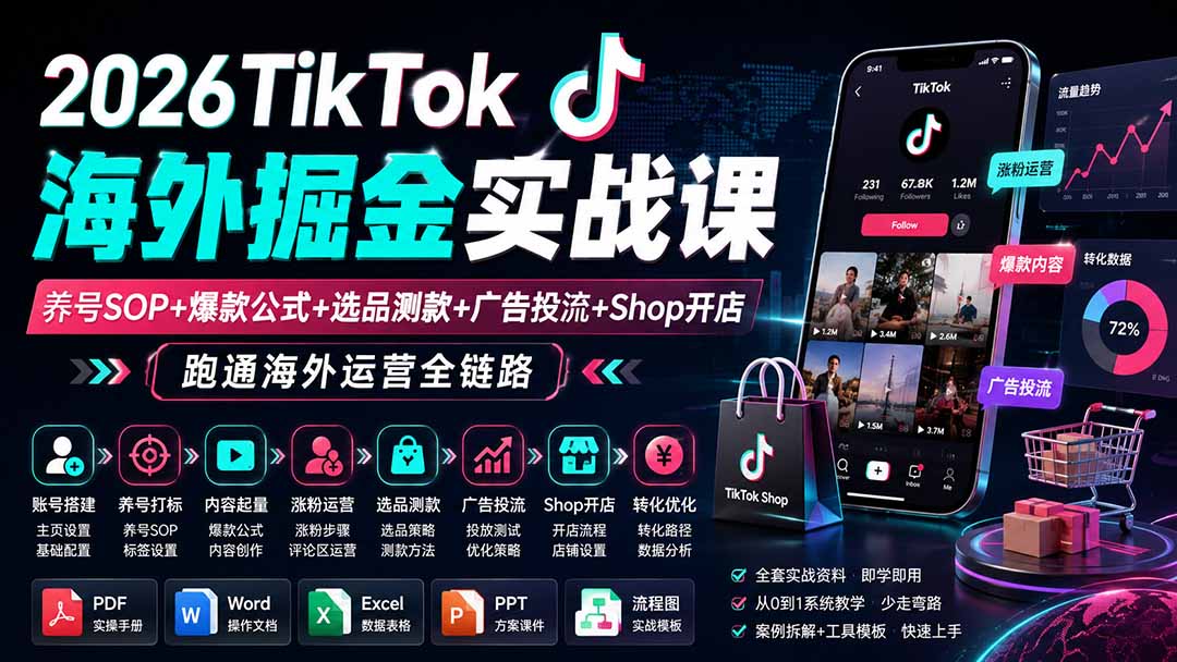 2026TikTok海外掘金实战课——养号SOP+爆款公式+选品测款+广告投流+Shop开店，跑通海外运营全链路-朽念云创
