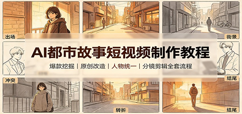 AI都市故事短视频制作教程：爆款挖掘原创改造，人物统一分镜剪辑全套流程-朽念云创