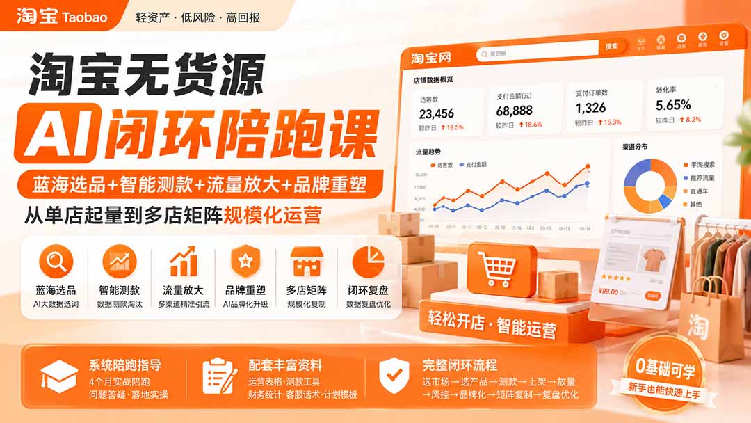 淘宝无货源AI闭环陪跑课：蓝海选品+智能测款+流量放大+品牌重塑，从单店起量到多店矩阵规模化运营-朽念云创