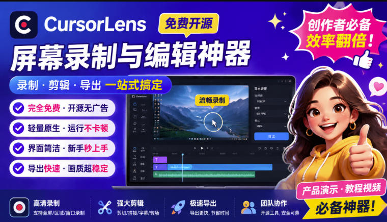 CursorLens免费开源录屏工具，支持自动缩放，教程视频录制必备神器-朽念云创