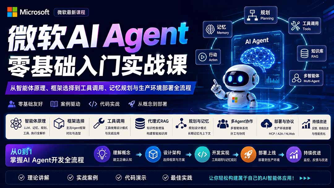 微软AI Agent零基础入门实战课：从智能体原理、框架选择到工具调用、记忆规划与生产环境部署全流程-朽念云创
