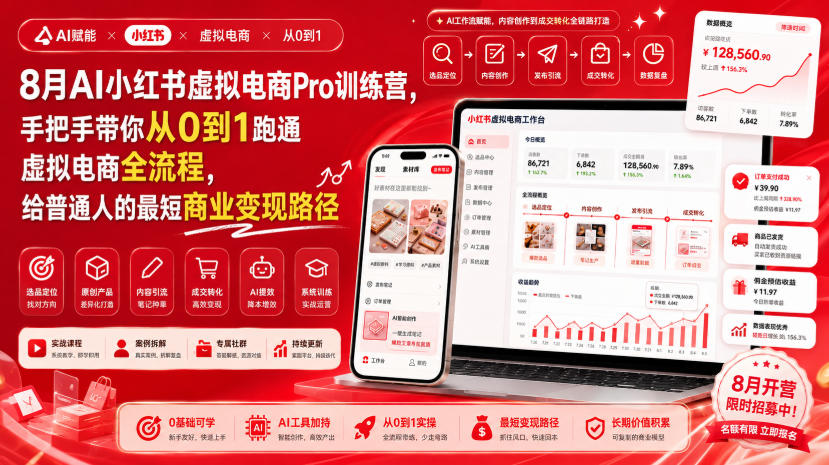 8月AI小红书虚拟电商Pro训练营，手把手带你从0到1跑通虚拟电商全流程，给普通人的最短商业变现路径-朽念云创