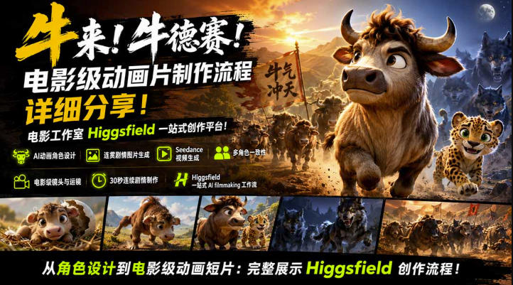 牛来！牛德赛！电影级动画片制作流程详细分享！电影工作室Higgsfield一站式创作平台，完整创作流程-朽念云创