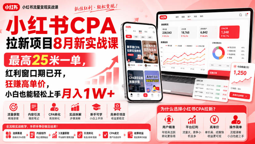 小红书CPA拉新项目8月新实战课，最高25米一单，红利窗口期已开，狂賺高单价，小白也能轻松上手月入1W+-朽念云创