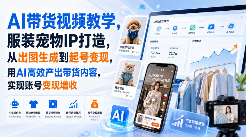 AI带货视频教学，服装宠物IP打造，从出图生成到起号变现，用AI高效产出带货内容，实现账号变现增收-朽念云创