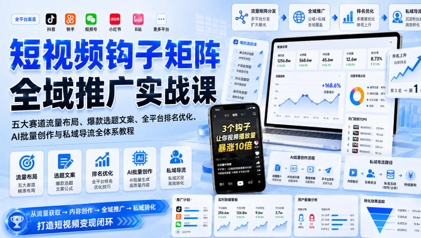 短视频钩子矩阵全域推广实战课｜五大赛道流量布局、爆款选题文案、全平台排名优化、AI批量创作与私域导流全体系教程-朽念云创