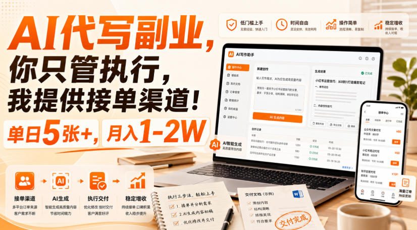 AI代写副业，你只管执行，我提供接单渠道！单日5张+，月入1-2W【揭秘】-朽念云创