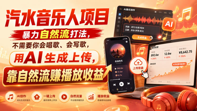 汽水音乐人项目,暴力自然流打法,不需要你会唱歌、会写歌,用AI生成上传,靠自然流賺播放收益-朽念云创