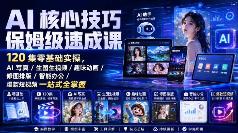 AI核心技巧保姆级速成课｜120集零基础实操，AI写真/生图生视频/趣味动画/修图排版/智能办公/爆款短视频一站式全掌握(更新)-朽念云创