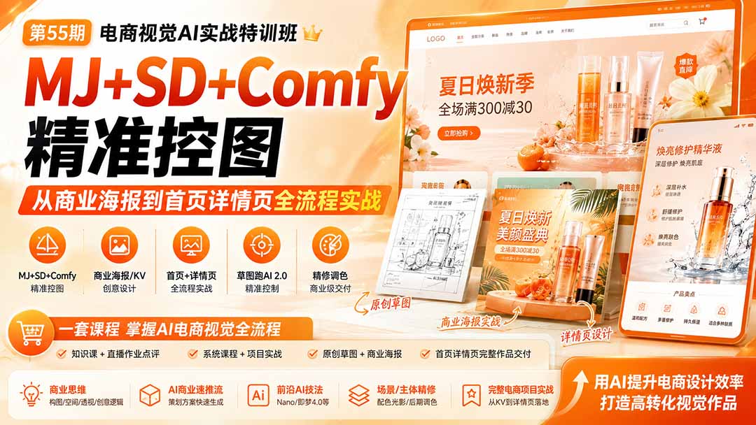电商视觉 AI实战训练营第55期：MJ+SD+Comfy精准控图，从商业海报到首页详情页全流程实战-朽念云创