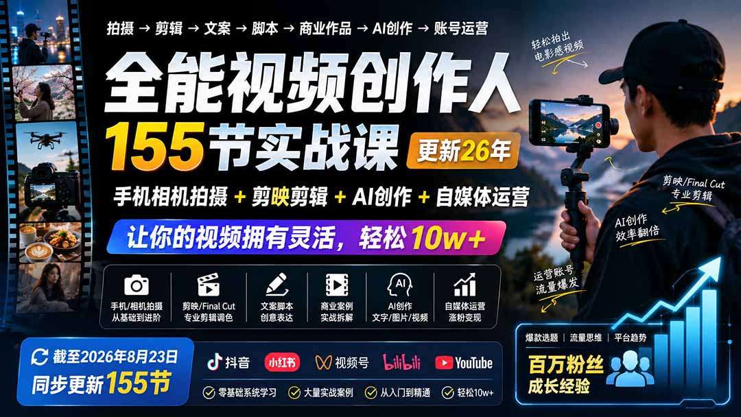 全能视频创作人155节实战课-更新26年8月：手机相机拍摄+剪映剪辑+AI创作+自媒体运营，让你的视频拥有灵活，轻松10w-朽念云创