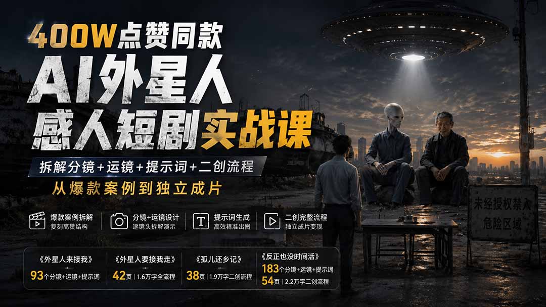 400W点赞同款AI外星人感人短剧实战课：拆解分镜+运镜+提示词+二创流程，从爆款案例到独立成片-朽念云创
