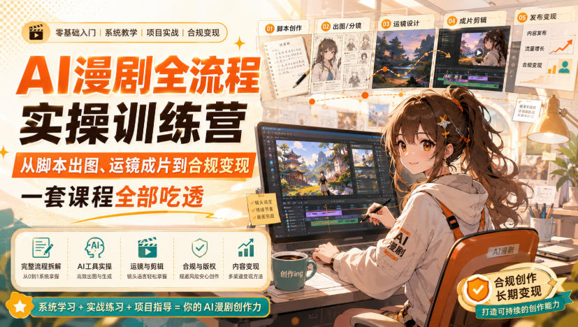 AI漫剧全流程实操训练营，从脚本出图、运镜成片到合规变现，一套课程全部吃透-朽念云创