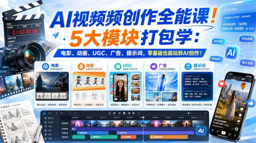 AI视频频创作全能课！5大模块打包学：电影、动画、UGC、广告、提示词，零基础也能玩转AI创作！【原创双语字幕】-朽念云创