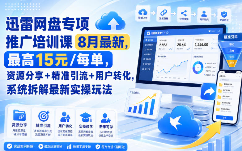 迅雷网盘专项推广培训课8月最新，最高15米/每单，资源分享+精准引流+用户转化，系统拆解最新实操玩法(更新0824)-朽念云创