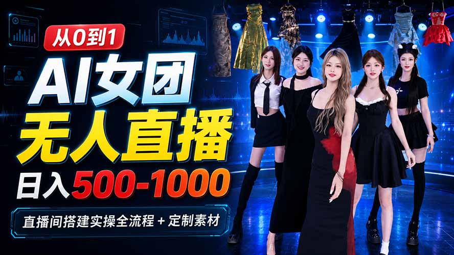 AI 女团无人直播，躺入500-1000每天，直播间搭建实操全流程+定制素材-朽念云创
