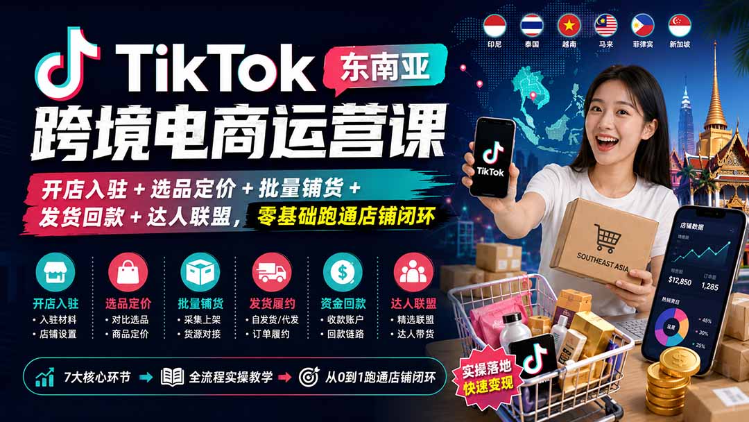 TikTok东南亚跨境电商运营课：开店入驻+选品定价+批量铺货+发货回款+达人联盟，零基础跑通店铺闭环-朽念云创