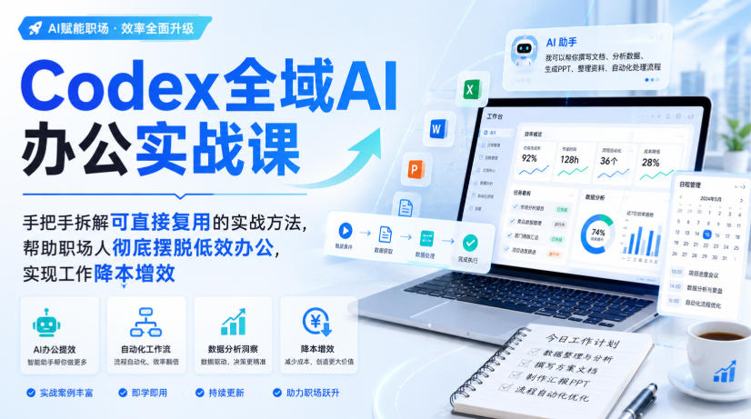 Codex全域AI办公实战课，手把手拆解可直接复用的实战方法，帮助职场人彻底摆脱低效办公，实现工作降本增效-朽念云创