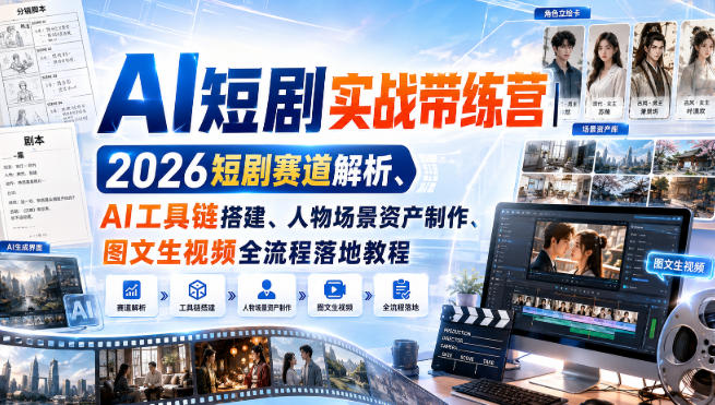 AI短剧实战带练营｜2026短剧赛道解析、AI工具链搭建、人物场景资产制作、图文生视频全流程落地教程-朽念云创