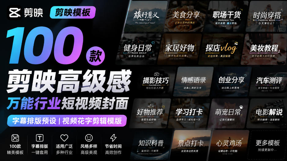【剪映模板】100款剪映高级感万能行业短视频封面字幕排版预设视频花字剪辑模版-朽念云创