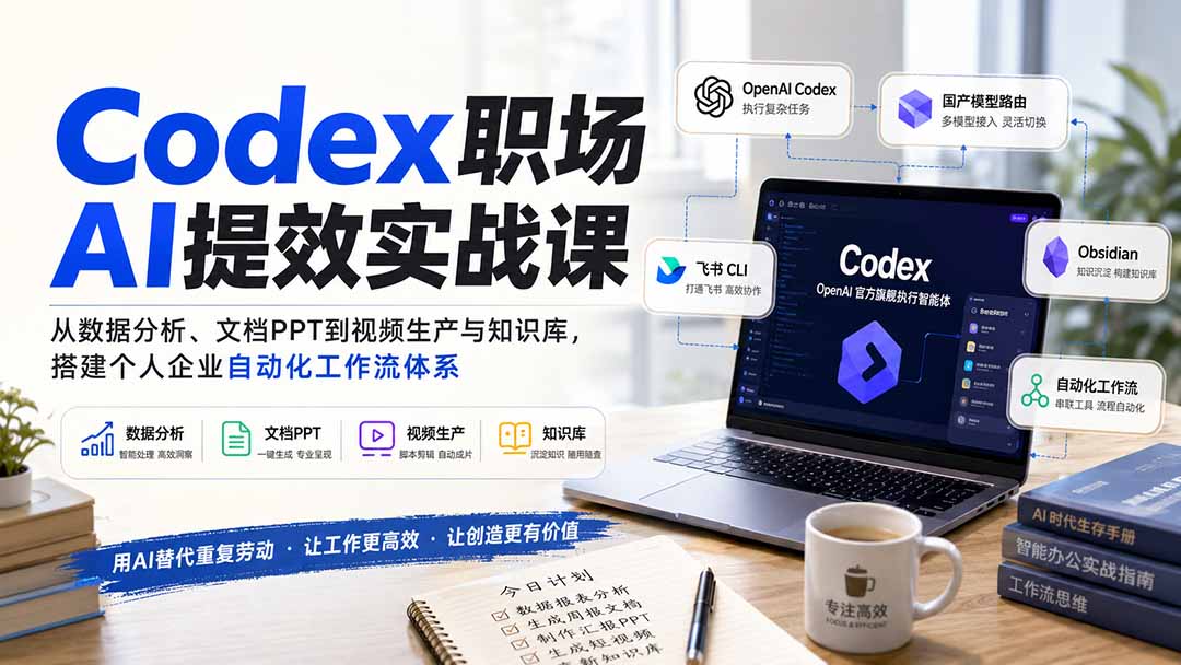 Codex职场AI提效实战课：从数据分析、文档PPT到视频生产与知识库，搭建个人企业自动化工作流体系-朽念云创