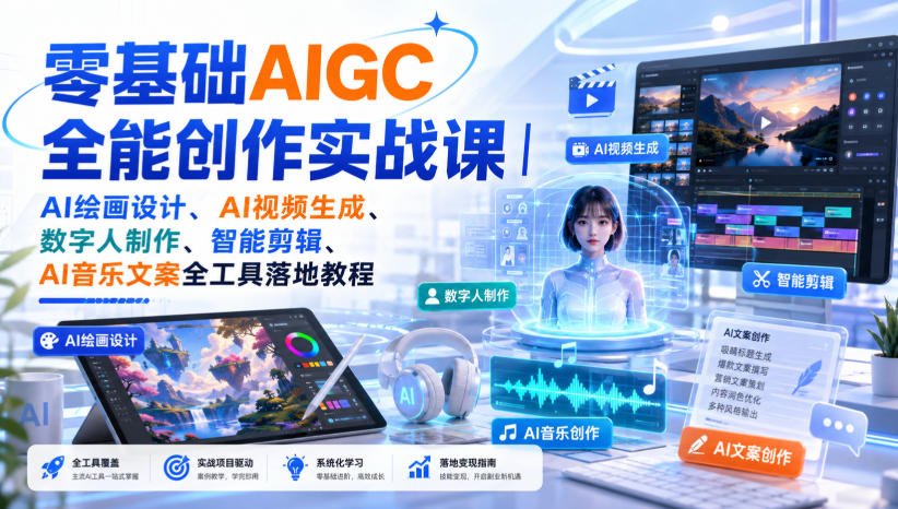 零基础AIGC全能创作实战课｜AI绘画设计、AI视频生成、数字人制作、智能剪辑、AI音乐文案全工具落地教程-朽念云创