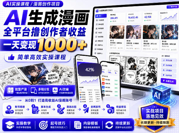 AI生成漫画全平台撸创作者收益内部课程，实操最高单日变现1k+-朽念云创