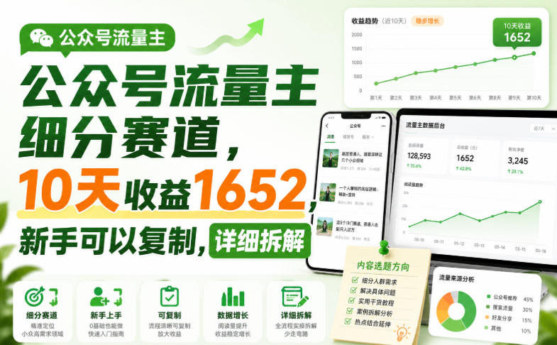 公众号流量主细分赛道，10天收益1652，新手可以复制，详细拆解-朽念云创