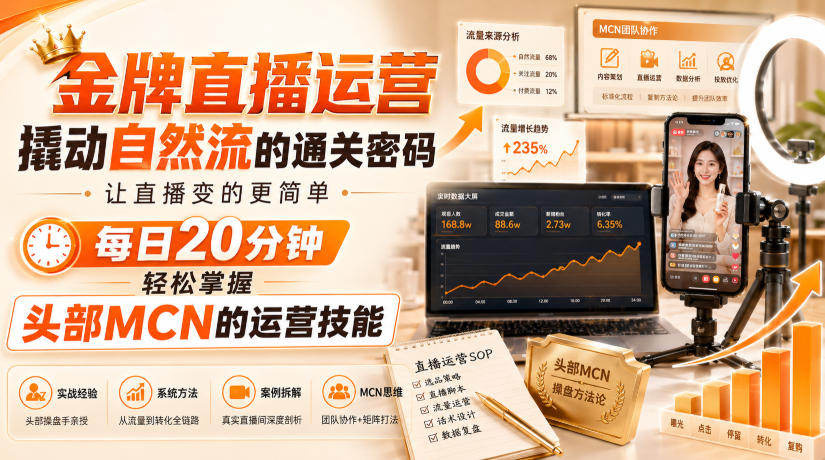 金牌直播运营撬动自然流的通关密码，让直播变的更简单，每日20分钟，轻松掌握头部MCN的运营技能-朽念云创