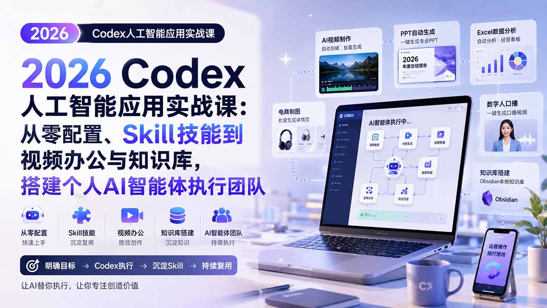 2026 Codex人工智能应用实战课：从零配置、Skill技能到视频办公与知识库，搭建个人AI智能体执行团队-朽念云创
