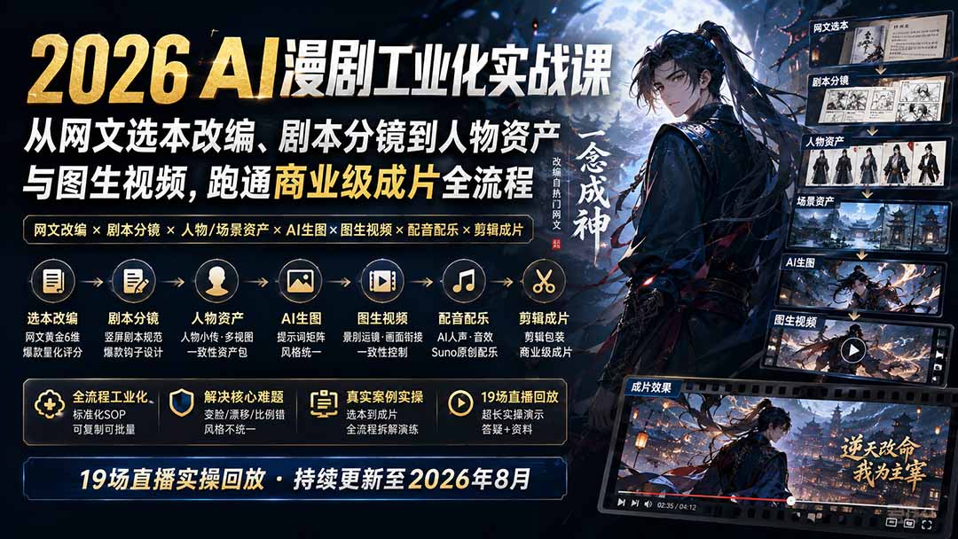 2026 AI漫剧工业化实战课-更新：从网文选本改编、剧本分镜到人物资产与图生视频，跑通商业级成片全流程-朽念云创