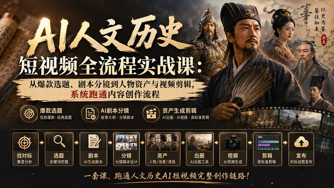 AI人文历史短视频全流程实战课：从爆款选题、剧本分镜到人物资产与视频剪辑，系统跑通内容创作流程-朽念云创