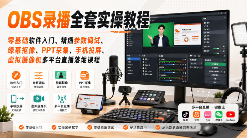 OBS录播全套实操教程｜零基础软件入门、精细参数调试、绿幕抠像、手机投屏、虚拟摄像机多平台直播落地课程-朽念云创