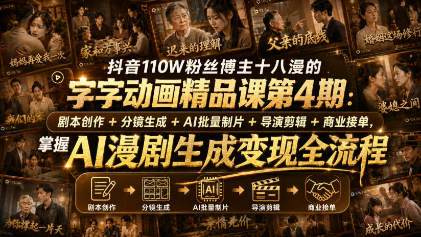 抖音110W粉丝博主十八漫的字字动画精品课第4期：剧本创作+分镜生成+剪辑+商业接单，掌握AI漫剧生成变现全流程-朽念云创