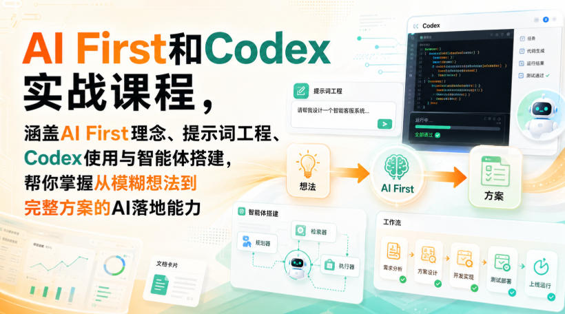 AI First和Codex实战课，涵盖AI First理念、提示词工程、Codex使用与智能体搭建，掌握从模糊想法到完整方案的AI落地能力-朽念云创