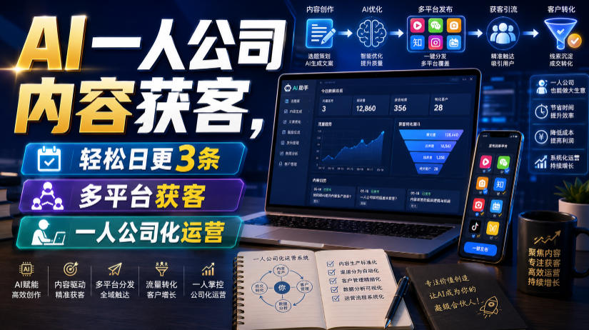 AI一人公司内容获客，轻松日更3条，多平台获客，一人公司化运营(更新0827)-朽念云创