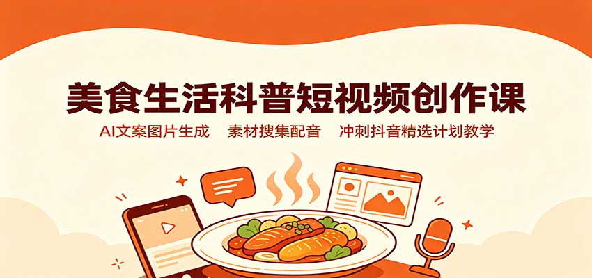 美食生活科普短视频创作课：AI文案图片生成，素材搜集配音，冲刺抖音精选计划教学-朽念云创