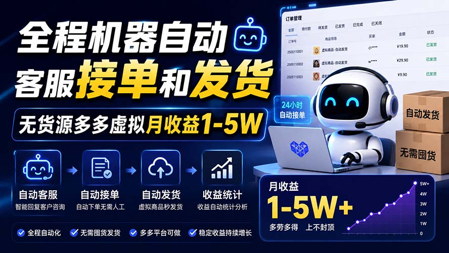 全程机器自动客服接单和发货，无货源多多虚拟月收益1-5W-朽念云创