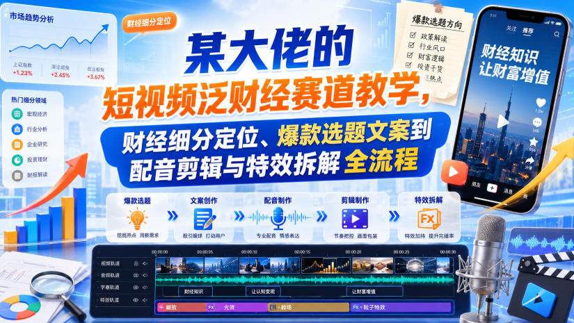 某大佬的短视频泛财经赛道教学，财经细分定位、爆款选题文案到配音剪辑与特效拆解全流程-朽念云创