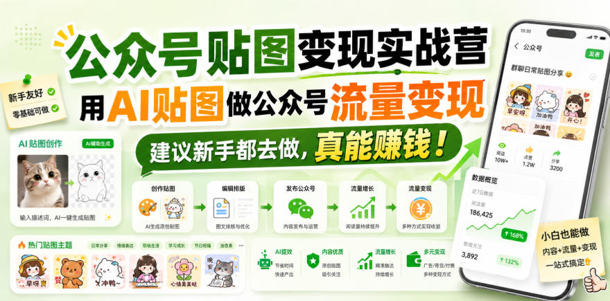 公众号贴图变现实战营，用AI贴图做公众号流量变现，建议新手都去做，真能賺钱！-朽念云创