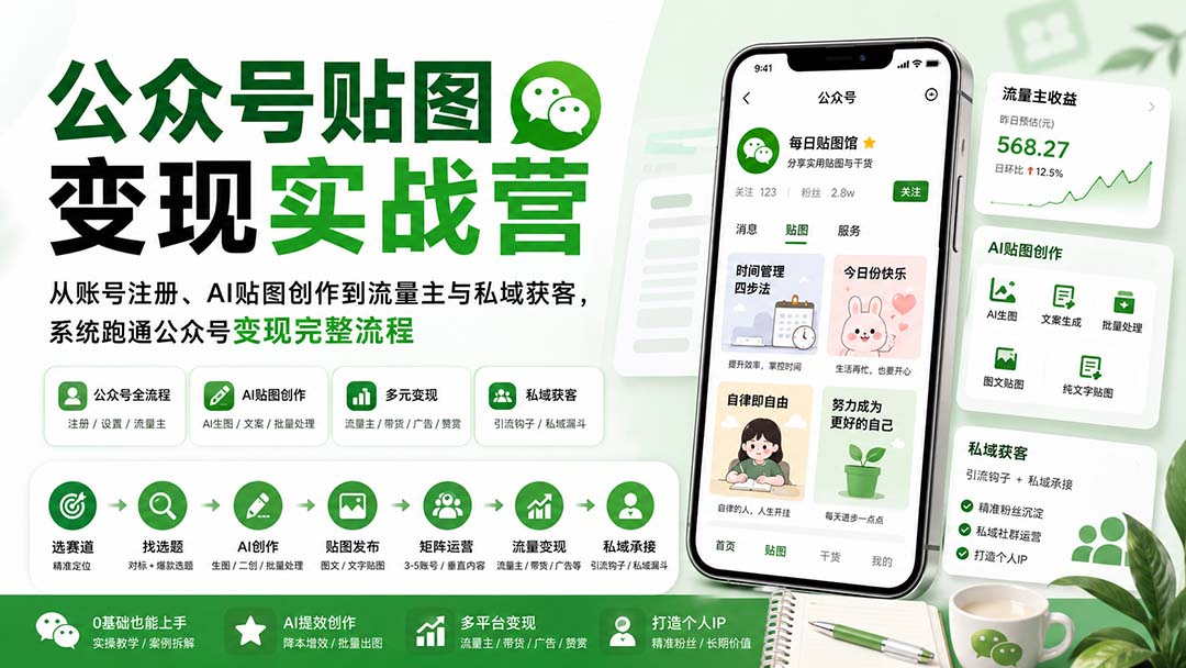 公众号贴图变现实战营：从账号注册、AI贴图创作到流量主与私域获客，系统跑通公众号变现完整流程-朽念云创
