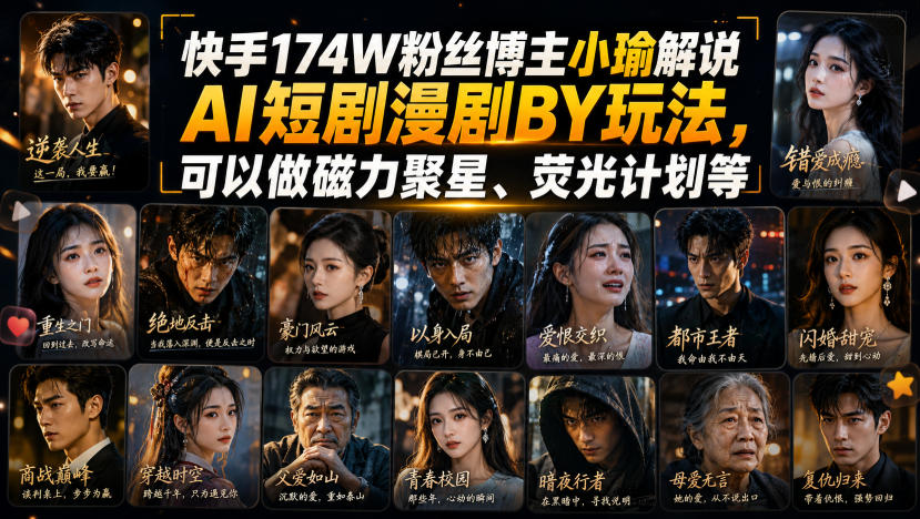 快手174W粉丝博主小瑜解说AI短剧漫剧搬运玩法，可以做磁力聚星、荧光计划等-朽念云创