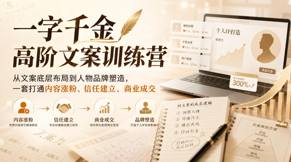 一字千金高阶文案训练营，从文案底层布局到人物品牌塑造，一套打通内容涨粉、信任建立、商业成交-朽念云创